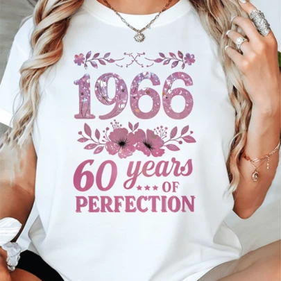 1966 60th Birthday Theme T-Shirt   Glitter Flower & Slogan Decor, Casual Short Sleeve, Pink-Black Elegant Birthday Party Top