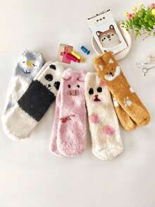 1 Pair Women's Pink Cute Plush Pig Design Warm Thermal Lined Short Socks, Autumn/Winter - Pink - View 3