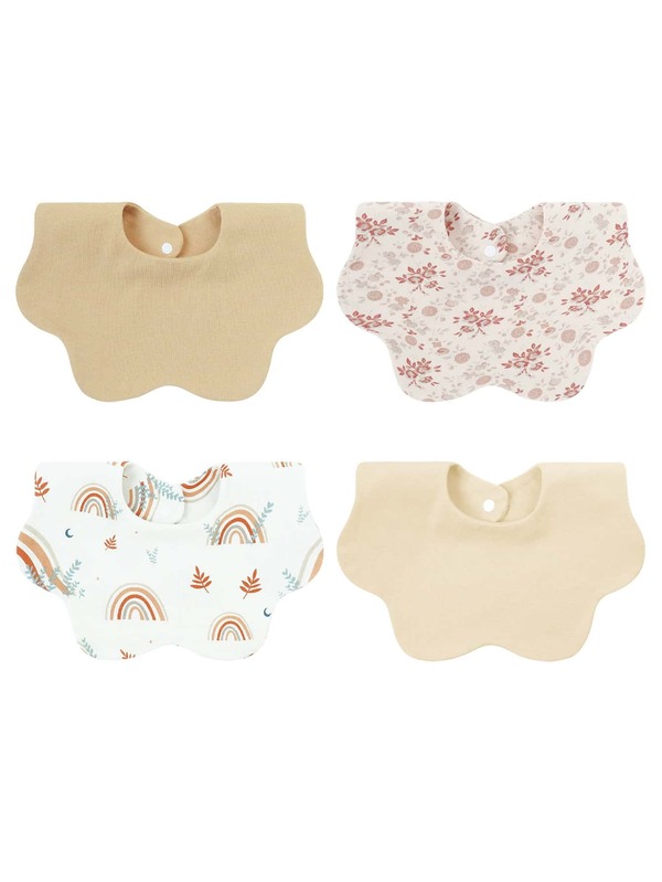 4pcs Khaki Style Absorbent Double-Layer Cartoon Baby Bibs, Floral Pattern Snap Closure Soft Fabric Newborn Drool Bibs