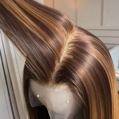 13x6 13x4 HD Lace Front Wig, 200% Density Human Hair Blend, Pre-Plucked Bleached Knots Straight Hair, #P4/27 Highlighted Human Hair Blend Wig, 26 Inch Women Pre-Trimmed HD Lace Front Wig With Baby Hair