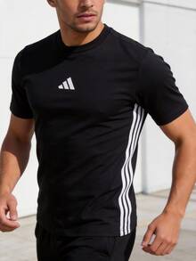 Adidas 男款T卹M 3S SJ T柔軟舒適休閒服飾運動短袖 - 黑色/白 - 查看 1