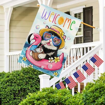 Welcome Summer Tuxedo Cat Double-Sided Garden Flag, Polyester Material, No Electricity Required, Flamingo Swimming Ring Design, Pet Lover Outdoor Decor 28x40in - 1pc.