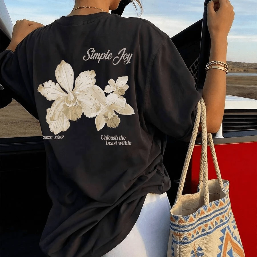 Women's 100% Cotton Floral T-Shirt, Simple Day Casual Summer X Back To School - 黑色 - 查看 1