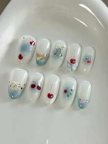 10片纯手工制作美甲贴片，中号杏仁形美甲，蓝白渐变可爱俏皮风格，饰有3D蝴蝶结爱心、手绘樱桃菱格纹星星和水钻，清新少女风美甲贴片，适合女性和女孩，春夏秋冬节日派对及日常生活使用。 - 藍白色 - 查看 1