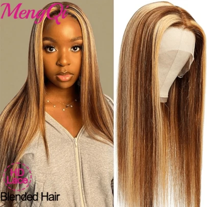 13x4 5x5 Highlight Ombre Lace Front Wigs Human Blended Hair Straight 26 Inch HD Straight Lace Front Wigs Human Blended Hair 200% Density Pre Plucked Bleached Knots Lace Front Wig Straight Closure Wigs Human Hair Glueless Lace Front Wigs