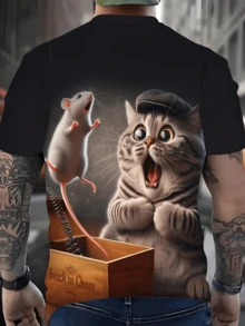 Men's Novelty 3D Cat & Mouse Pattern T-Shirt | Round Neck, Short Sleeve, Casual Summer Tee With Funny "Cat In The Box" Design, Slightly Stretchy Fabric - Multicolor - View 2