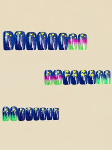 24 naglar med blå gradientstjärnmönster, trycknaglar, lösnaglar, nageltillbehör, konstnaglar, Y2k-naglar - Kungsblått - Visa 2