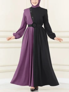 Bata de mujer de moda moderna con bloque de color, cintura alta y adornada con rhinestones, para primavera - Morado - Ver 10
