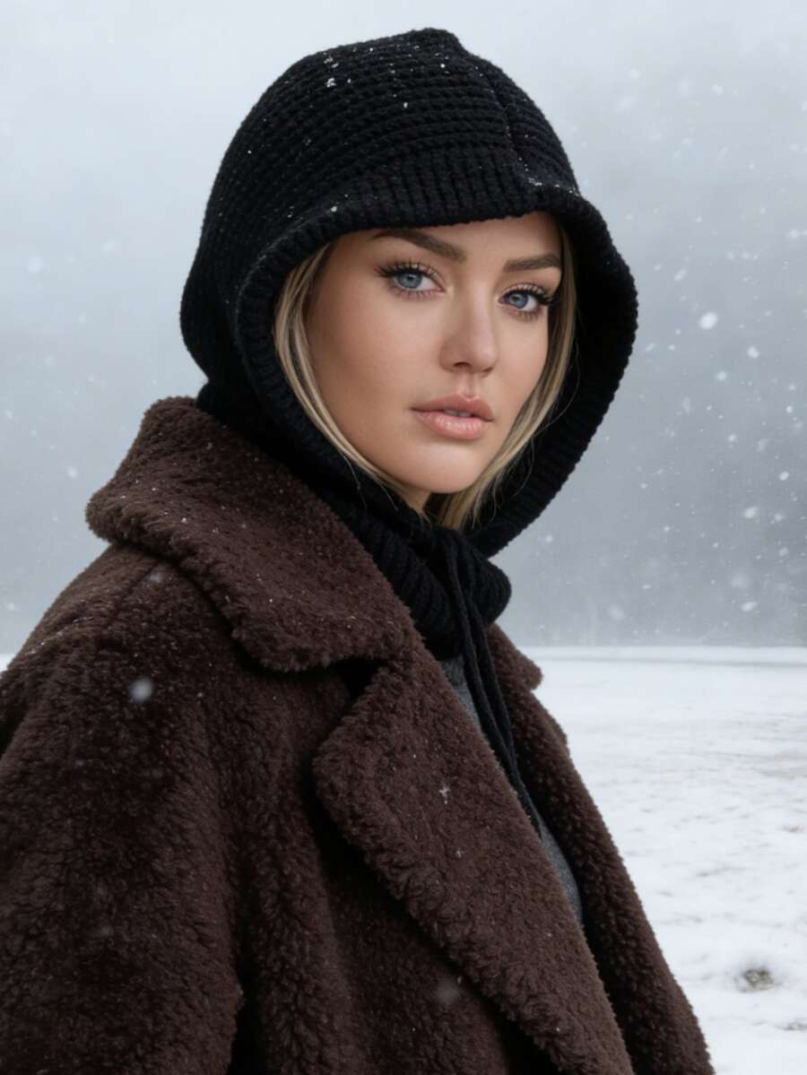 1 pieza Gorro de pasamontañas para mujer con cuello desmontable, cuello térmico de mezcla de lana, máscara de esquí, bufanda y capucha para el invierno al aire libre, adecuado para el hiyab musulmán - Negro - Ver 1