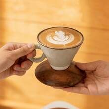 一套150毫升/5盎司独特锥形设计咖啡杯，配相思木杯垫，复古反应釉陶瓷咖啡杯碟套装，适用于家庭、餐厅、聚会和办公室。 - 彩色 - 查看 12