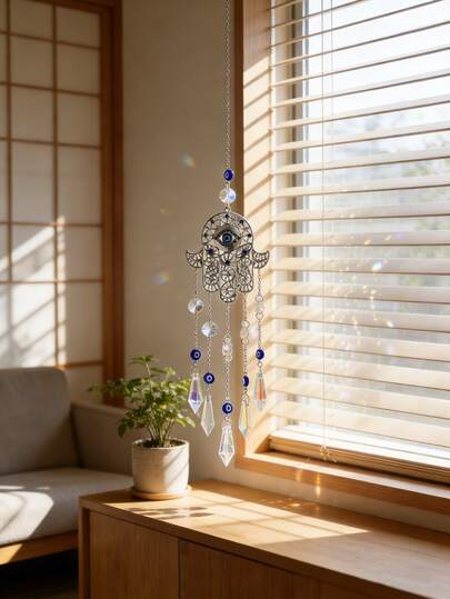 1pc Bohemian Style Blue Beaded Palm-Shaped Crystal Pendant Sun Catcher, Evil Eye Protection Amulet, Home/Office Decor Rainbow Maker, Spiritual Wall Hanging Ceiling Decor, Fatima's Hand Ornament, Gift For Crystal Lovers And Spiritual Seekers