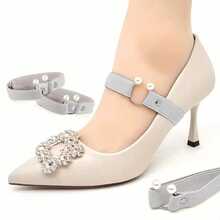 QKC 1双可调节弹力鞋带，适合夏季高跟鞋，踝部固定防滑鞋带，配有U型仿珍珠扣 - 灰色 - 查看 6