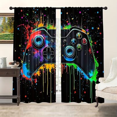 2pcs Game Style Curtains - Color Controller And Ink Splash Design, 100% Polyester Fiber Transparent Rod Bag Curtains, Suitable For Living Room, Bedroom, Office, Game Room - Machine Washable Modern Art Home Decoration, Adding Fun Privacy Space, Lightweight Perspective Fabric