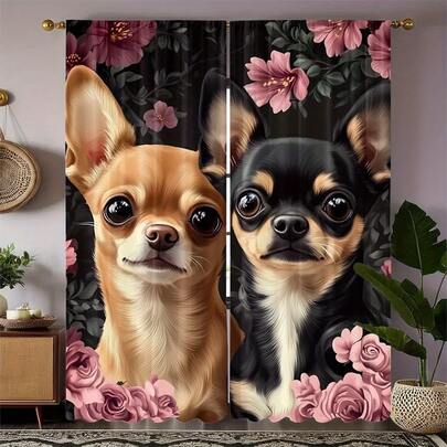 2片装吉娃娃幼犬花卉图案涤纶窗帘 - 杆袋式设计，适用于卧室、办公室、厨房、客厅和书房（不含窗帘杆），可机洗，装饰艺术风格，卧室装饰 | 乐观设计 | 面料，客厅窗帘