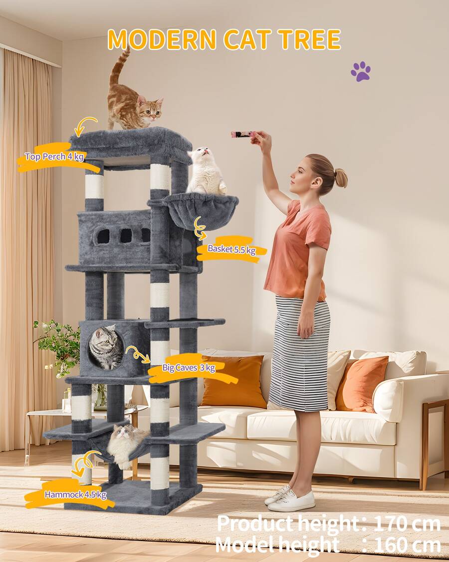 Hzuaneri 170 Cm Large Cat Tower For Indoor Cats,Cat Tree, Multi-Level Cat House With Condo, 8 Scratching Posts, Hammock - Dark Grey - View 1