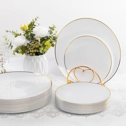 50/25/10/1 Set Reusable White With Gold Rim Dinnerware Set, Salad Plates, High Quality Durable, 10.25 Inch And 7.5 Inch Options, For Serving Cakes, Burgers, Sandwiches, Sushi, Salads, Pasta, Suitable For Restaurants, Weddings, Outdoor, Easter, Graduation Parties, Brunch, Picnics, Valentine's Day, New Year, Back To School, Mother's Day, Ramadan, Kitchen Accessories (Full Dinnerware Set, Plates, Dishes)