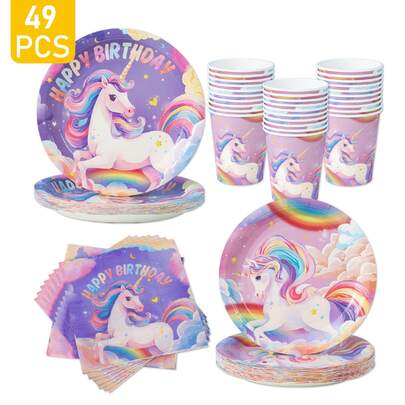 Rainbow Cloud Unicorn Disposable Plates, Napkins, Cups - One-Time Party Supplies Set, Fits 8 Guests, Disposable Paper Plates Party Tableware Suitable For Birthday, Wedding, Theme Party, Family Picnic