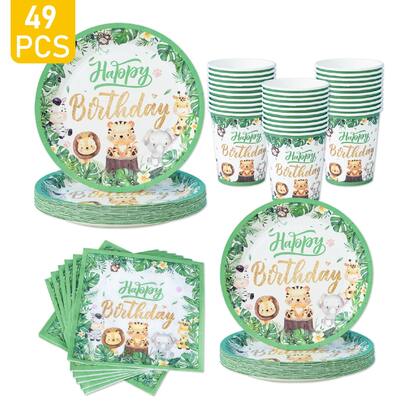 1 Set Jungle Animal Happy Birthday Disposable Plates, Napkins, Cups, Suitable For 8 Guests, One-Time Party Supplies For Birthday, Wedding, Family Picnic
