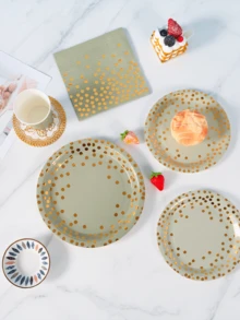 Sage Green & Gold Polka Dot Disposable Plates, Napkins, Cups - 8 Guest Set, Disposable Paper Plates Party Supplies Suitable For Birthday, Wedding, Theme Party, Family Picnic - Multicolor - View 3