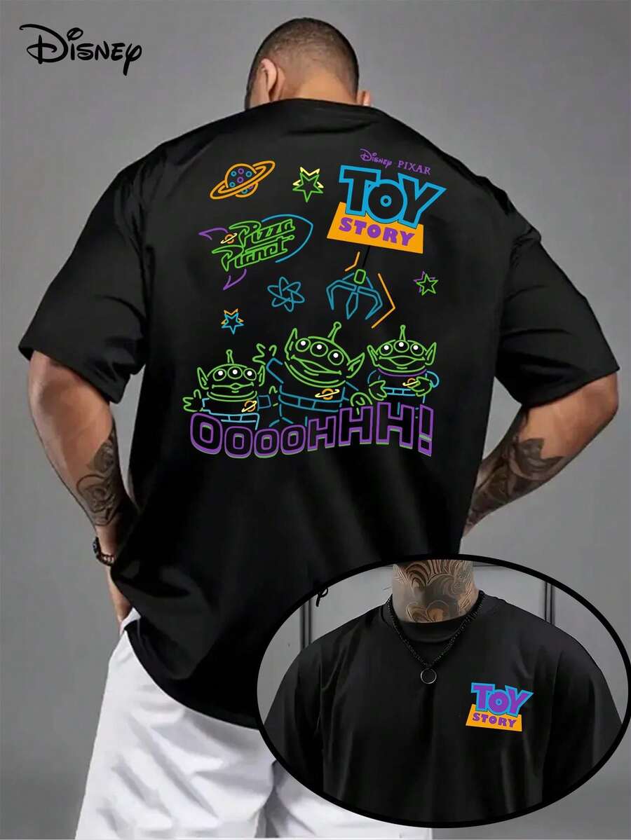 [Disney Official Genuine Authorization ]1 Toy Story Men's T-Shirt "Oooohhhh"! Alien Colorful Pattern, Dark Background, Round Neck T-Shirt. - 黑色 - 查看 1