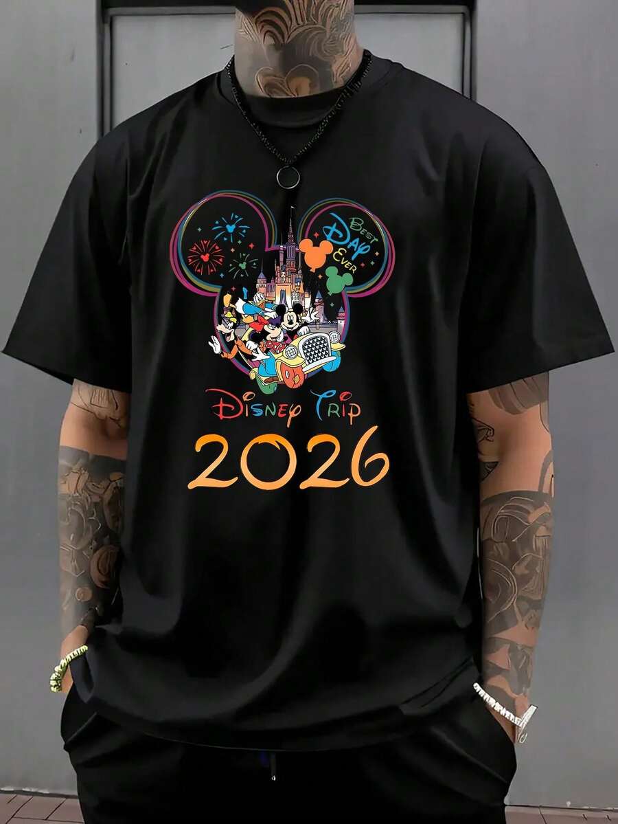 Authorized By Disney, Disney Tour 2026 Mickey Head Castle Shirt | Pure Cotton Black Disney Graphic T-Shirt | Family Holiday Fans Merch - 黑色 - 查看 1