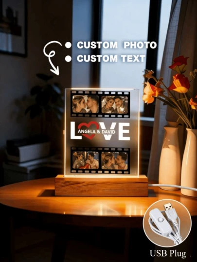 1pc Customized Mirror Photo Night Light, Personalized Acrylic Photo & Text LED Lamp, Photo Collage Night Light, Couple Photo Frame, Personalized Photo Collage Gift, Bedroom Night Light, Birthday Gift, Couple Gift, Unique Wedding Anniversary Gift, Gift For Wife/Her/Girlfriend/Friend, Gift For Him/Boyfriend/Husband/Dad/Mom