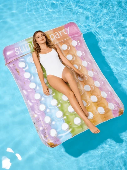 1件充气双人漂浮床，树叶、亮片、彩虹、热带雨林元素，PVC材质，适用于水上娱乐、游泳池、沙滩、派对等场合，可作为充气漂浮装置、漂浮物、泳池浮筏等使用，需另购气泵。