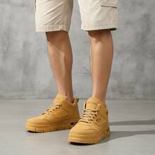 Tenis para hombre Calzado casual de cuero sintético PU tipo bota de caña alta con cordones Zapatillas deportivas de moda urbana estilo callejero cómodas y transpirables Suela gruesa antideslizante resistente al desgaste Zapatos tipo skateboard informales ligeros y versátiles para uso diario  deportiva moderna Calzado masculino minimalista duradero suave_ - Caqui - Ver 4