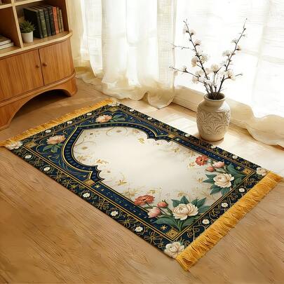 1 szt. Przenośny, łukowaty, lekki, składany dywan z motywem kwiatowym, ze złotymi frędzlami, w stylu boho, pluszowy dywan, gruby dywan, gruby dywan, futrzany dywan, dywan jesienno-zimowy, gruby dywan