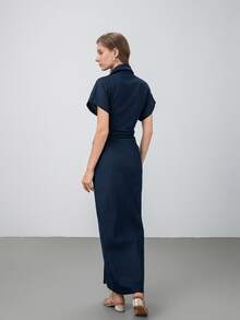 HZXVIC فستان طويل مناسب مزين بأزرار، ياقة منحرفة، أكمام قصيرة، أنيق للنساء، خريفي - أزرق داكن - مشاهدة 5