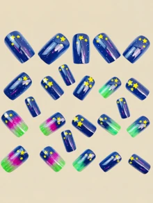24 naglar med blå gradientstjärnmönster, trycknaglar, lösnaglar, nageltillbehör, konstnaglar, Y2k-naglar - Kungsblått - Visa 3