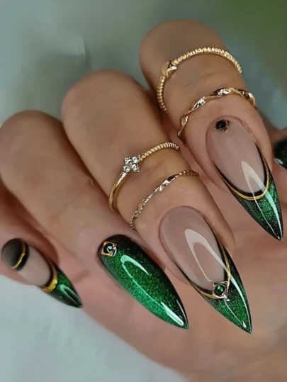 24 piezas de uñas con diseño francés a rayas verdes y diamantes brillantes, uñas postizas, suministros de arte de uñas estilo Y2K