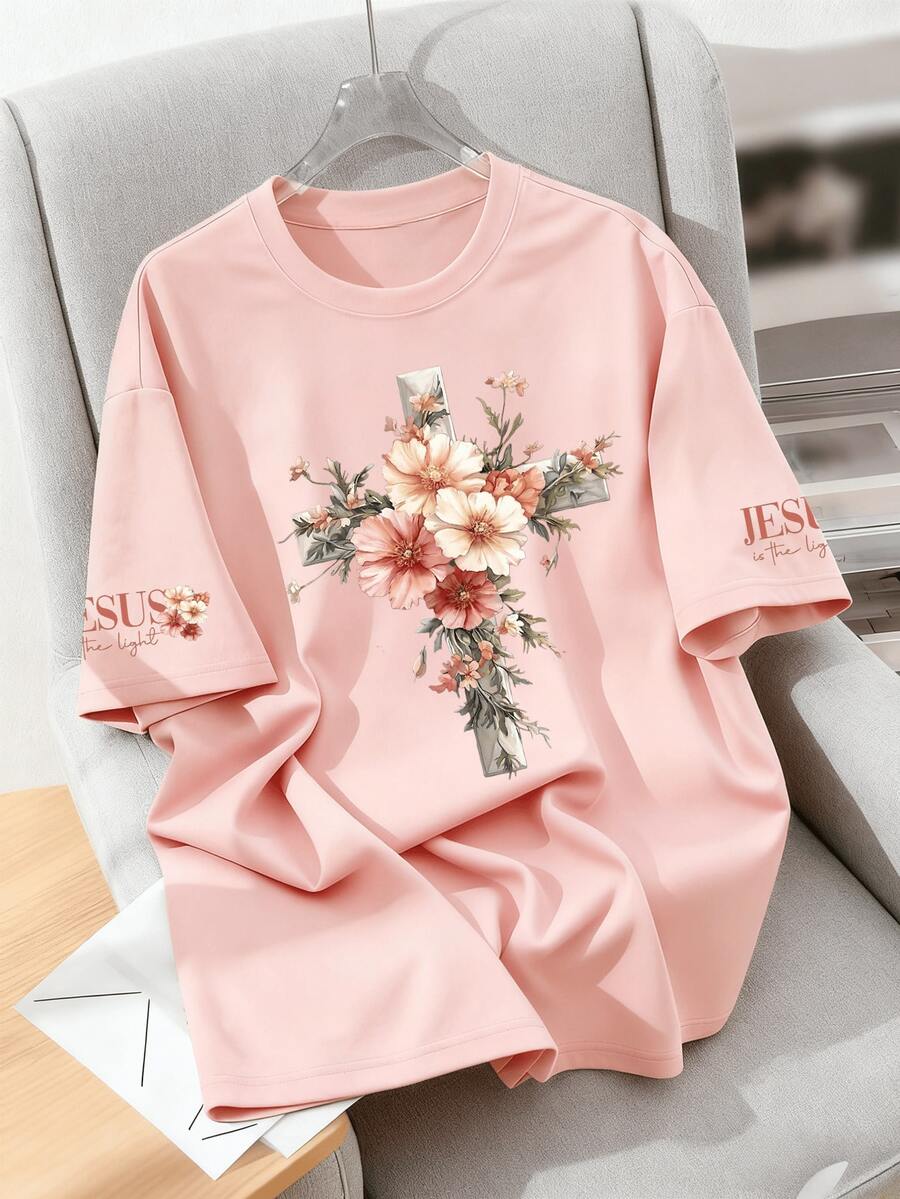 大码“耶稣是光”印花宽松圆领T恤，适合夏季度假穿着，粉色休闲款 - 粉色 - 查看 1