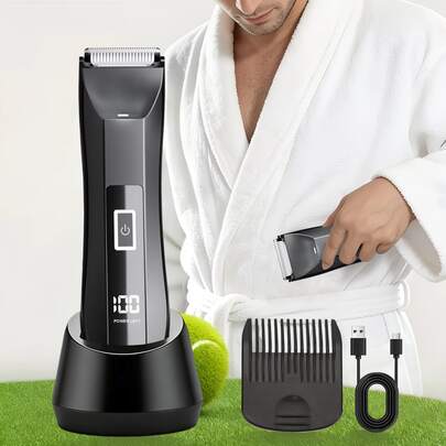 这款男士电动体毛修剪器，可用于全身剃毛和修剪，是一款多功能个人护理好物，USB充电，配有底座，是居家或出差的好伴侣。电池容量500mAh。
