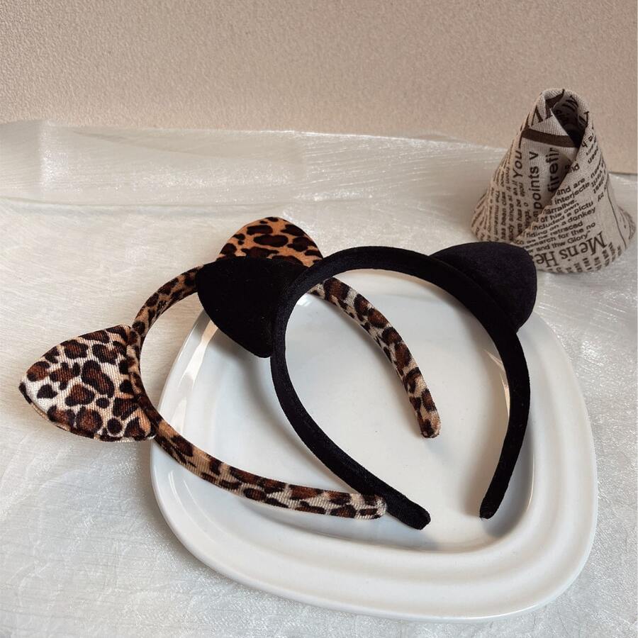 1 Elegant Leopard Print Cat Ear Headband - Women's Soft Animal Theme Headwear, Makeup & Face Wash Accessory, Fun Cat Hair Accessory, Soft Texture - Hook - 1pc - View 1