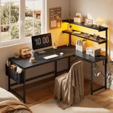 EnHomee 43.3" Reversible L Shaped Computer Desk Home Office Desk Gaming Desk With LED Light Power Outlet Storage,Black - View 1