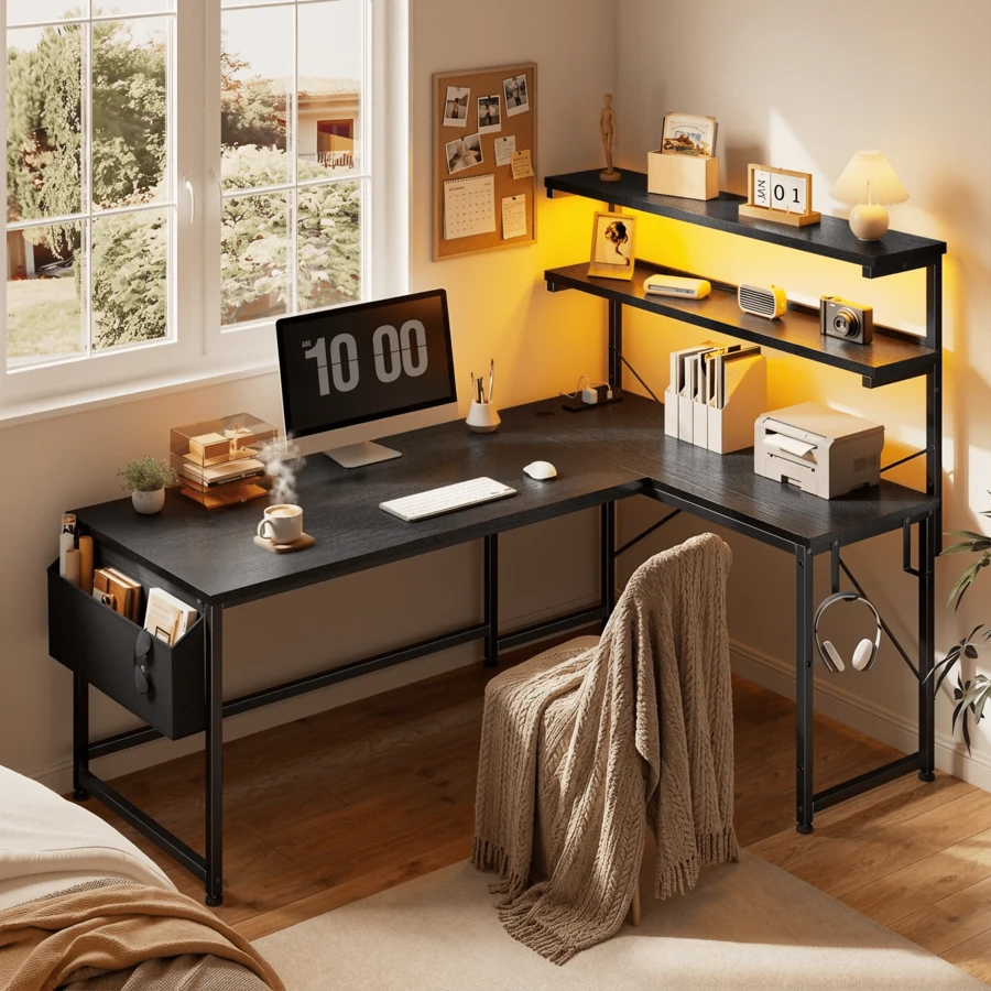 EnHomee 43.3" Reversible L Shaped Computer Desk Home Office Desk Gaming Desk With LED Light Power Outlet Storage,Black - View 1