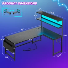 EnHomee Black Home Office Computer Desk L Shaped Desk Gaming Desk Reversible With LED Light Power Port Shelf For Small Spaces - View 8