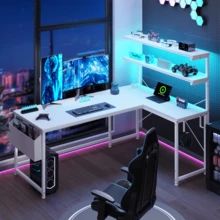 EnHomee 43.3" Reversible L Shaped Computer Desk Home Office Desk Gaming Desk With LED Light Power Outlet Storage,White - View 3