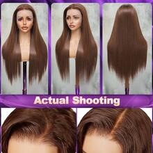 13x6 13x4 HD Lace Front Wig, 200% Density Human Hair Blend, Pre-Plucked Bleached Knots Straight Hair, #4 Brown Mixed Human Hair Wig, 26 Inch Pre-Trimmed HD Lace Front Wig With Baby Hair - Brown - View 3
