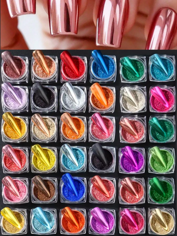36色随机全息铬粉套装，金属金和激光银颜料，适用于美甲装饰