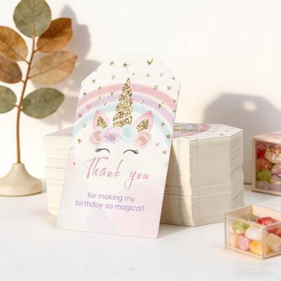 10/50/100pcs Unicorn Fantasy Birthday Thank You Cards | "Thank You For Making My Birthday So Magical!" | Perfect For Party Favors, Gifts And Decorations | Glitter Rainbow Design | Surprise Mini Cards | Elevate Gift Presentation | Ideal For Girls' Birthday Parties | Cute, Fun And Magical Ambiance | Quick Way To Express Gratitude | Practical Party Supplies