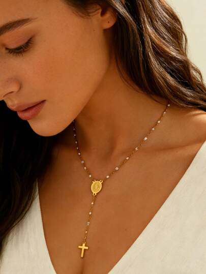 VceTd 1件简约优雅不锈钢Y型十字架项链，适合女性日常佩戴、通勤、聚会、音乐节，或作为礼物送给爱人。