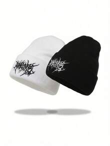1/2pcs Casual Men Embroidered Scarf Knitted Beanie, Women's Fashion Street Ski Hat, Warm And Versatile Cold Weather Cap, Loose Fit - Multicolor - View 1