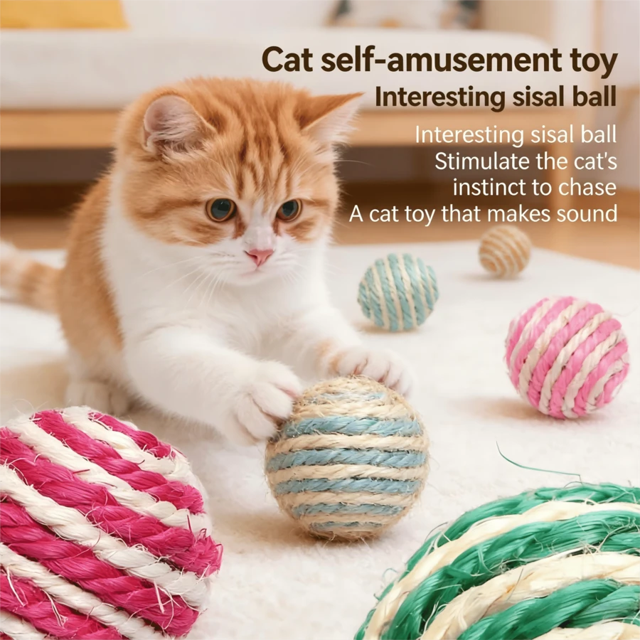 Sisal Scratching Cat Ball With Bell, Interactive Self-Play Teaser Toy For Cats & Kittens