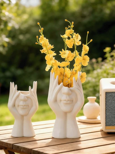 Large Modern White Resin Vase With A Human Face Design, Featuring A Woman's Head, Half-Body, And Bust – A Multi-Functional Outdoor Flowerpot And Indoor Decorative Vase. This Bohemian Minimalist Decorative Vase Is Suitable For Gardens