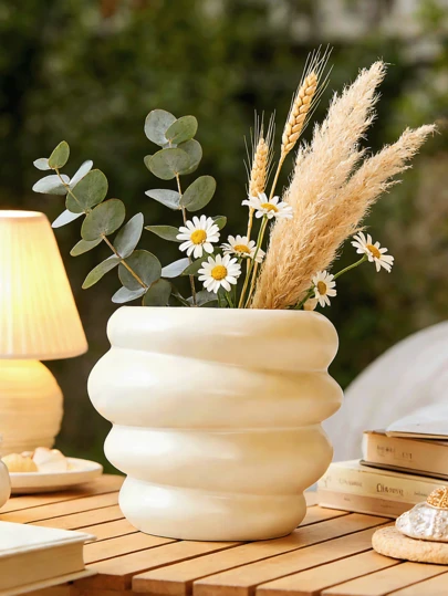 White Premium Donut-Shaped Outdoor Flower Pot Decoration, Off-White Round Flower Pot, Bohemian Style Decorative Vase, Artificial Vase, Flower Container, Dual-Use Vase For Dry And Wet Flowers, Suitable For Home Decoration And Room Decoration.