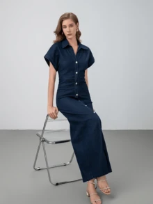 HZXVIC فستان طويل مناسب مزين بأزرار، ياقة منحرفة، أكمام قصيرة، أنيق للنساء، خريفي - أزرق داكن - مشاهدة 2