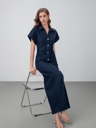 HZXVIC Women's Elegant Turndown Collar Short Sleeve Button Decor Fitted Long Dress, Autumn Casual Spring