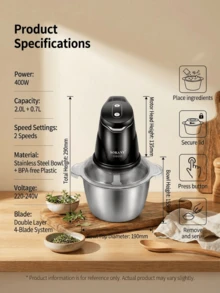 SOKANY 7020 电动绞肉机，可切碎蔬菜、压碎大蒜、制作蒜蓉，2升大容量，400瓦大功率快速搅拌，304不锈钢刀片，适用于蔬菜、洋葱、大蒜、水果、坚果、沙拉和面团搅拌，适合家庭使用，厨房电器 - 美規A型插(110-127V) - 查看 3